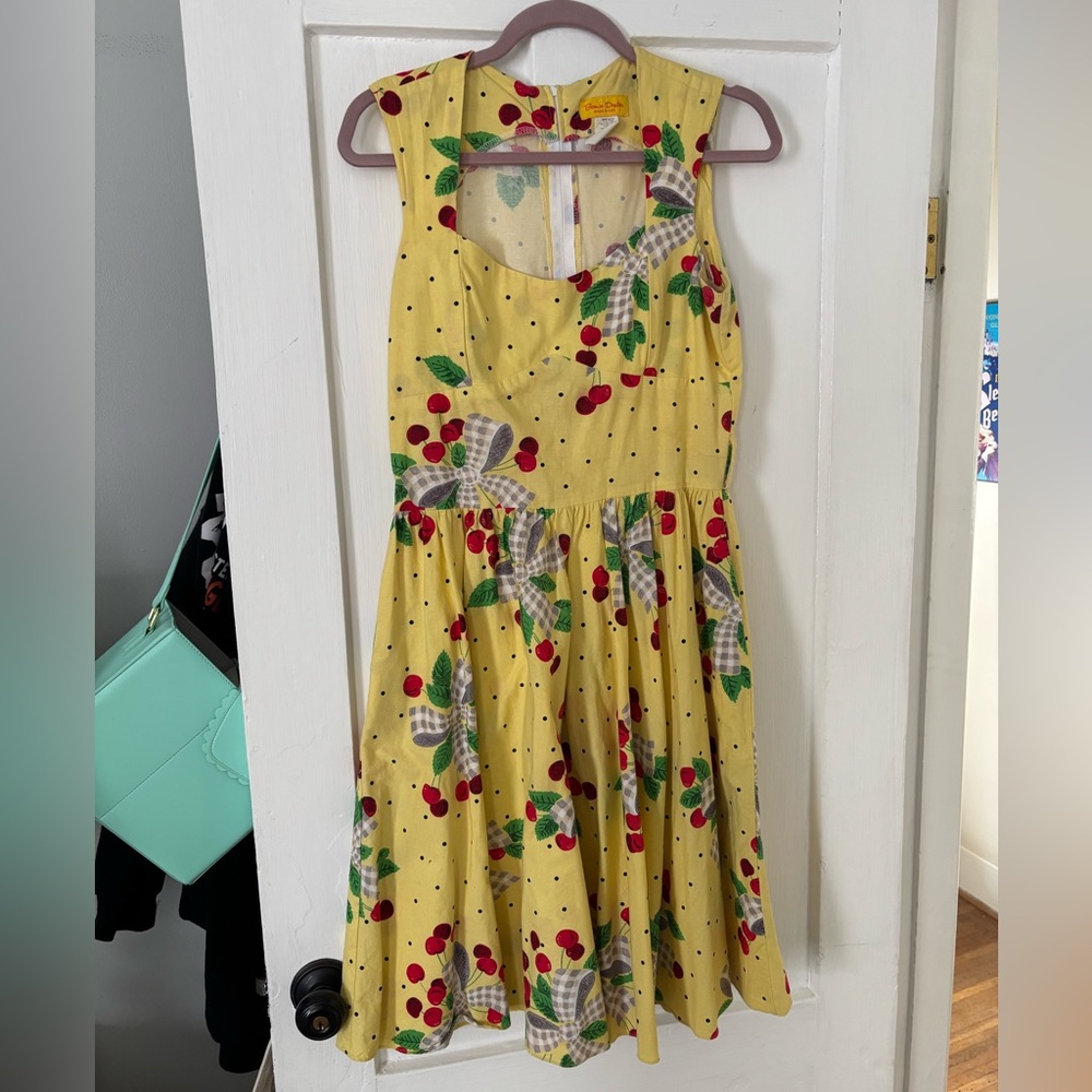 Bernie Dexter Pastel Yellow Cherries Jubilee Cherry Print Pinup Vintage Dress